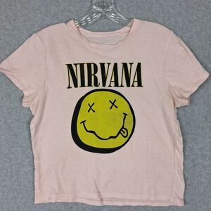 Nirvana Smiley Face Logo Kids Size L Rock Music Light Pink Cotton Blend T-shirt